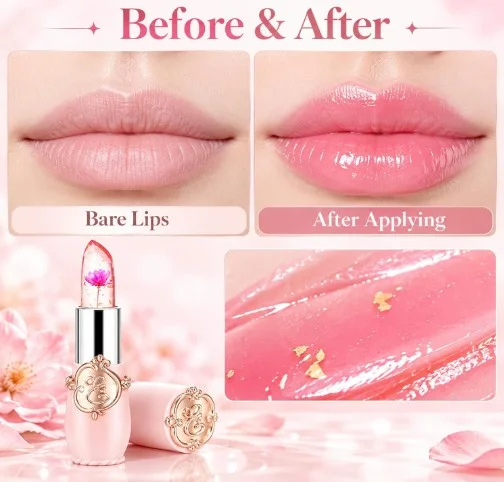 Crystal Flower Jelly Lipstick, Long Lasting Nutritious Lip Balm Lips Moisturizer Magic Temperature Color Change Lip Gloss, Small Gifts, Galentines Gifts, Valentines Day Gifts (Pink)