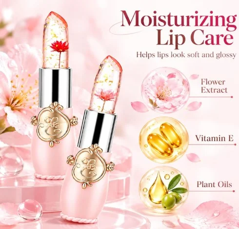 Crystal Flower Jelly Lipstick, Long Lasting Nutritious Lip Balm Lips Moisturizer Magic Temperature Color Change Lip Gloss, Small Gifts, Galentines Gifts, Valentines Day Gifts (Pink)