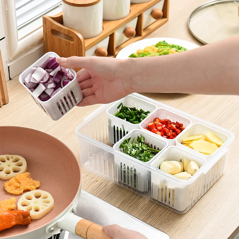 Square compartmentalized scallion and ginger storage box, kitchen scallion, ginger, and garlic storage box, drainable, household refrigerator fruit box