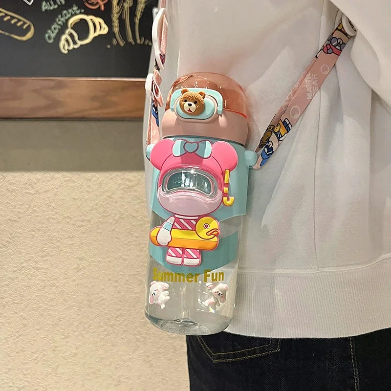 Cute Bear Kids Water Bottle with Straw & Strap – 600ml 🧸💧