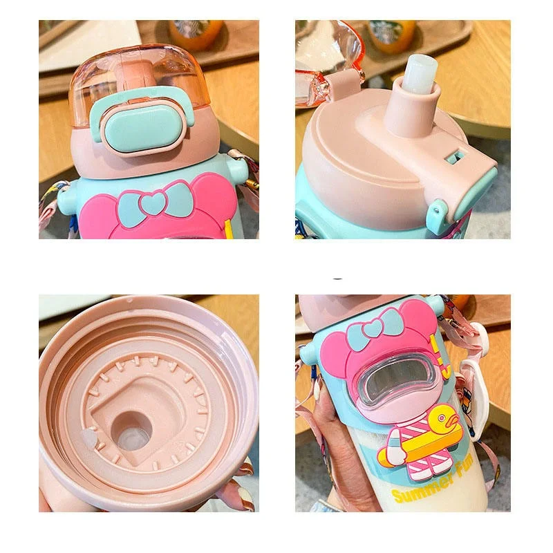 Cute Bear Kids Water Bottle with Straw & Strap – 600ml 🧸💧