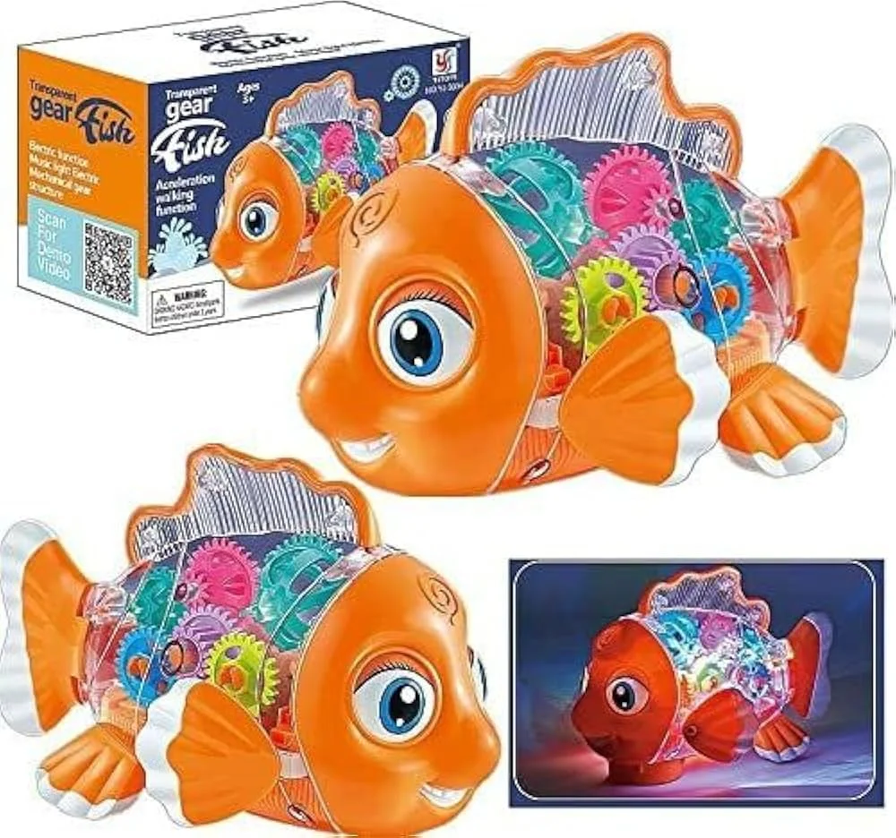 Transparent Gear Fish Toy – Walking, Light & Music Function