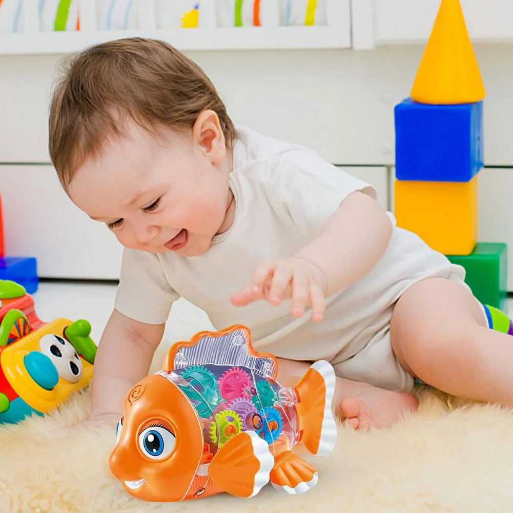Transparent Gear Fish Toy – Walking, Light & Music Function