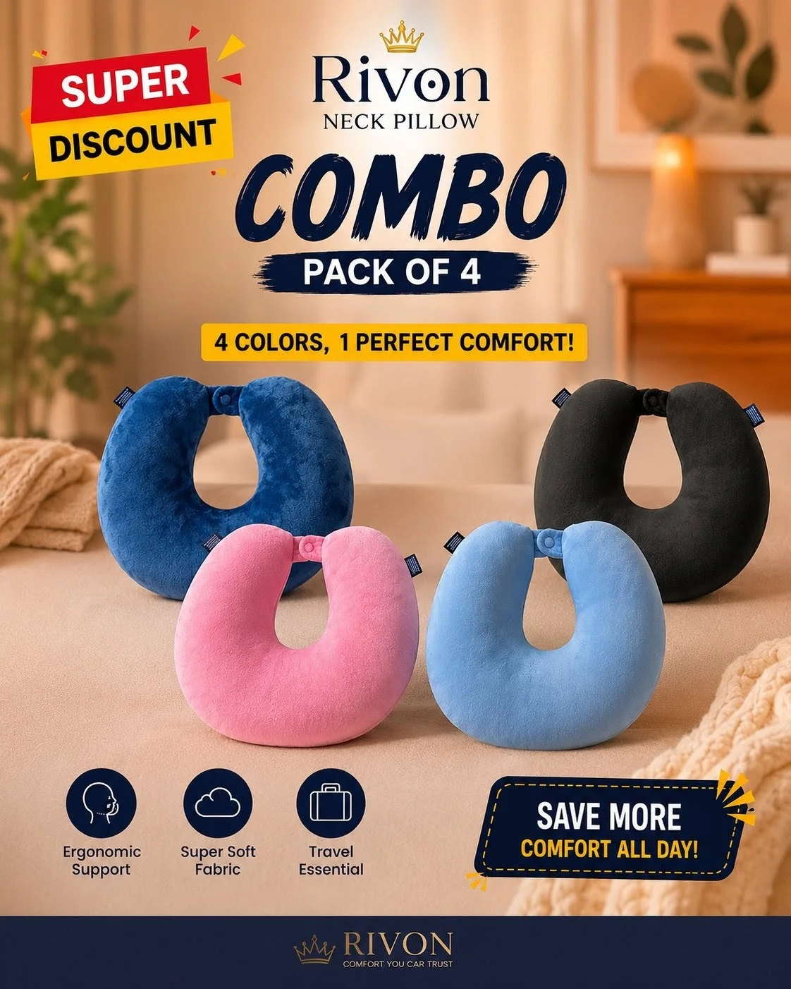 Rivon Premium U-Shaped Travel Neck Pillow - 4 Piece Combo