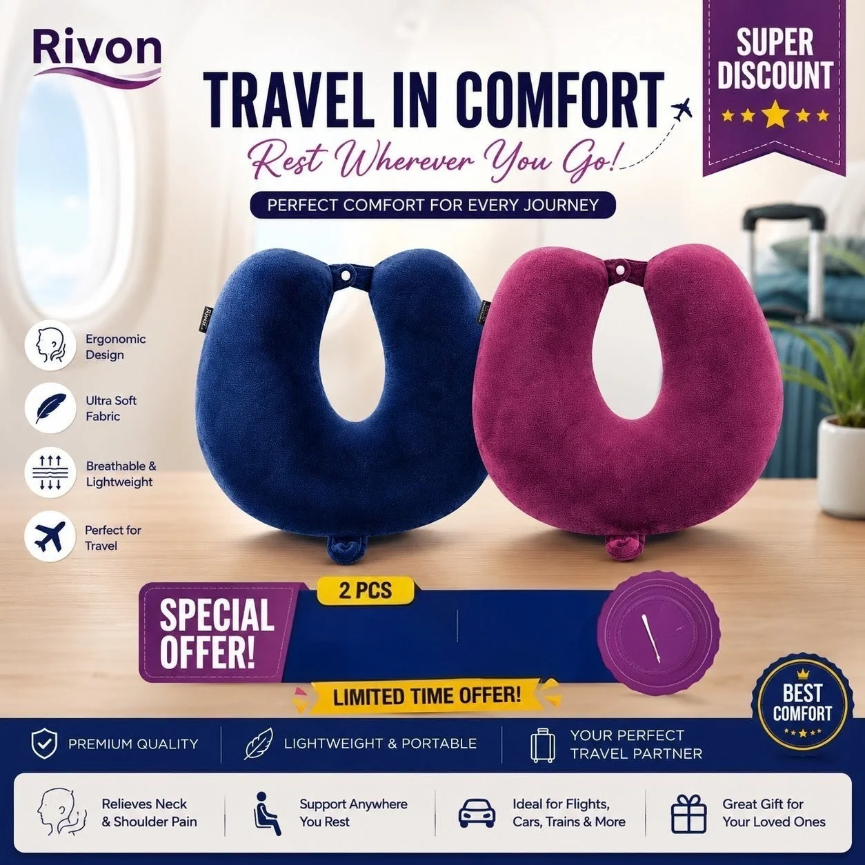 Rivon Premium 2-Piece U-Shaped Travel Neck Pillow Combo