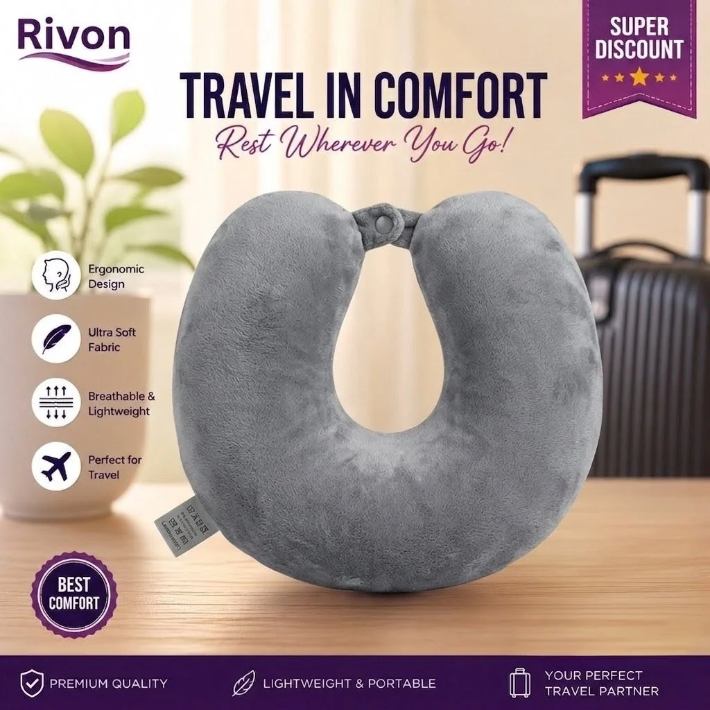 Rivon Premium U-Shaped Travel Neck Pillow - Ash