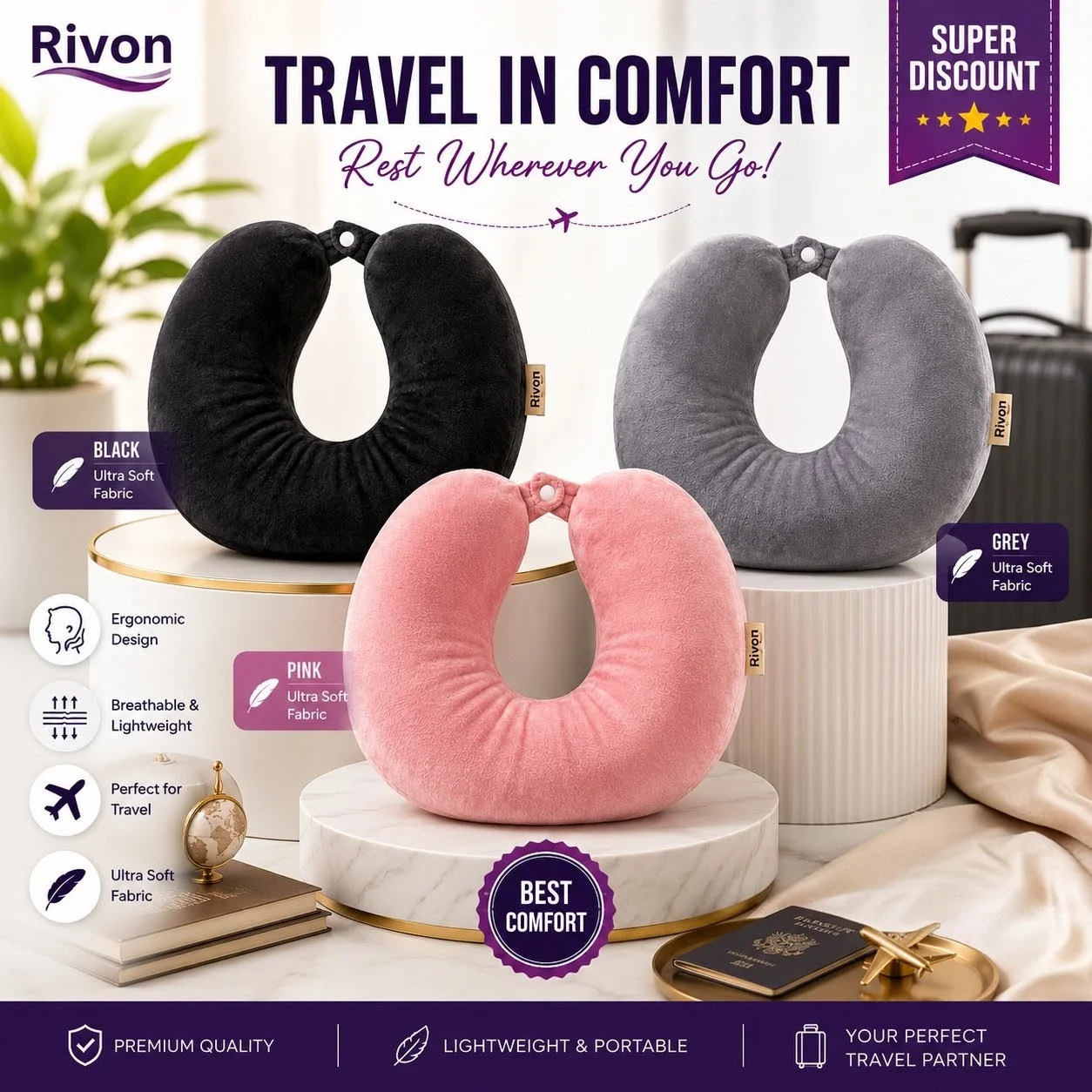 Rivon Premium 3-Piece U-Shaped Travel Neck Pillow Combo