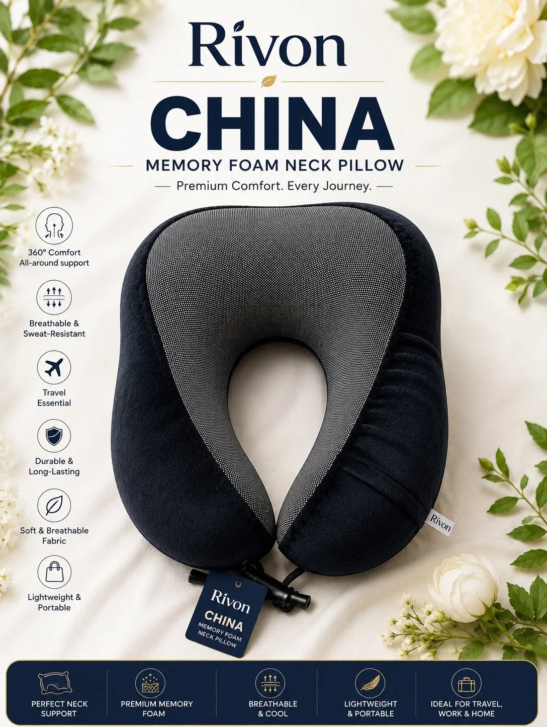 Rivon Memory Foam Travel Neck Pillow - Black