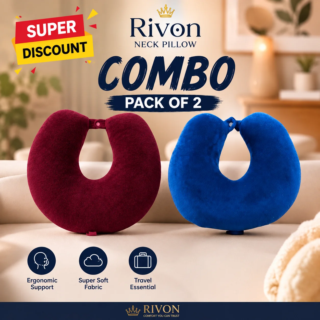 Rivon 2-Piece Premium U-Shaped Travel Neck Pillow Combo
