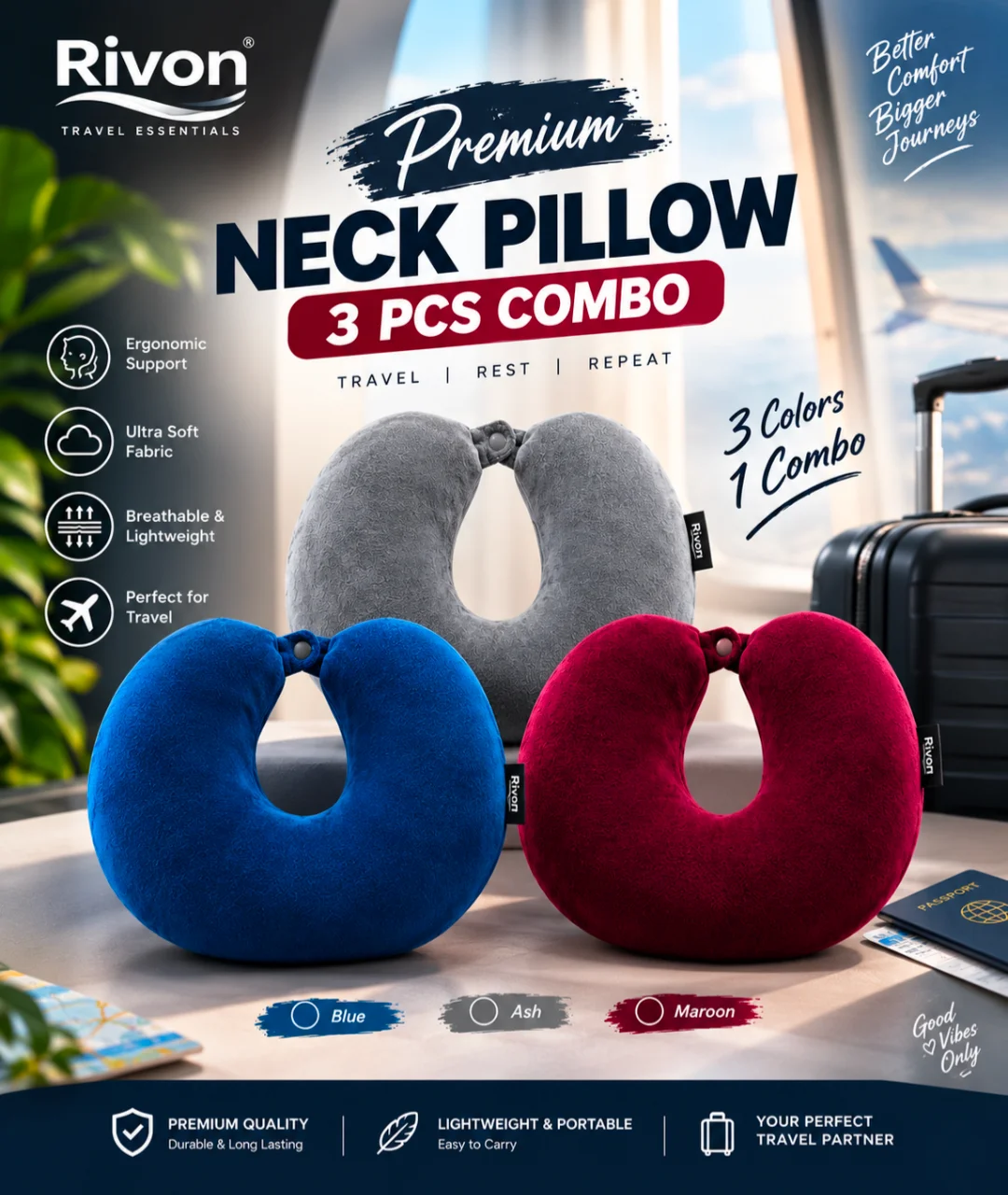 Rivon Premium 3-Piece U-Shaped Travel Neck Pillow Combo