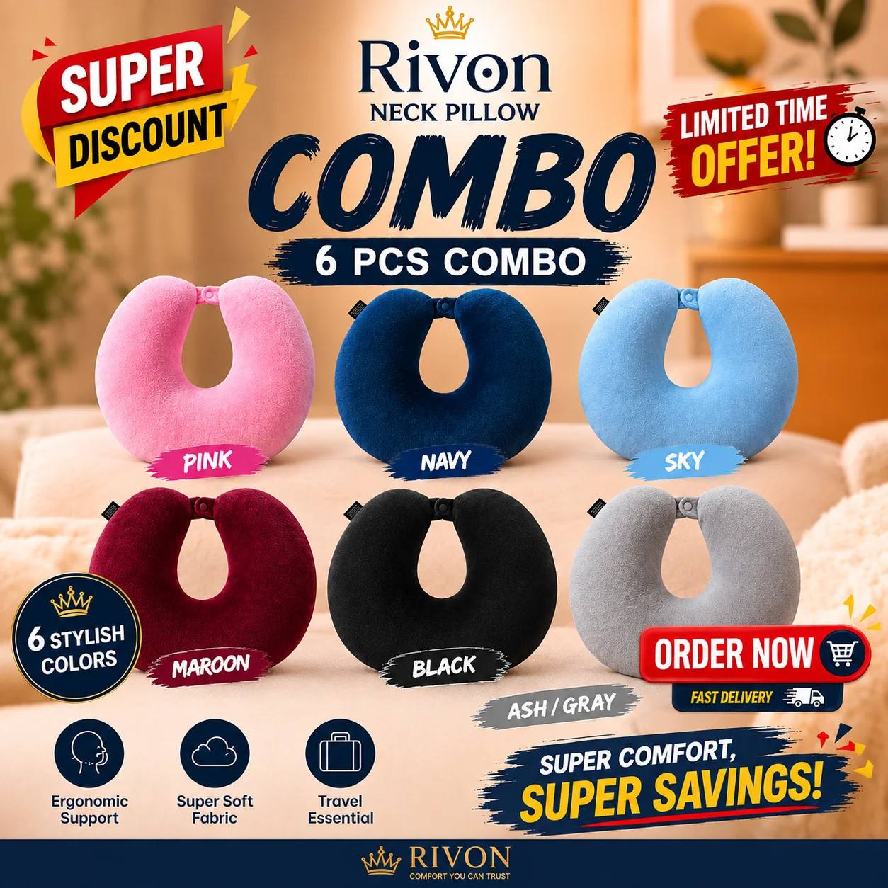 Rivon Premium U-Shaped Travel Neck Pillow with Washable Velvet Cover