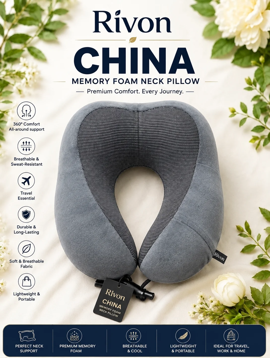 Rivon Memory Foam Neck Pillow - Ash