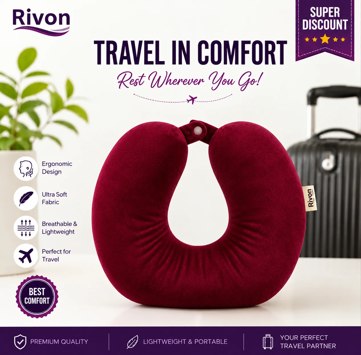 Rivon Premium U-Shaped Travel Neck Pillow - Maroon