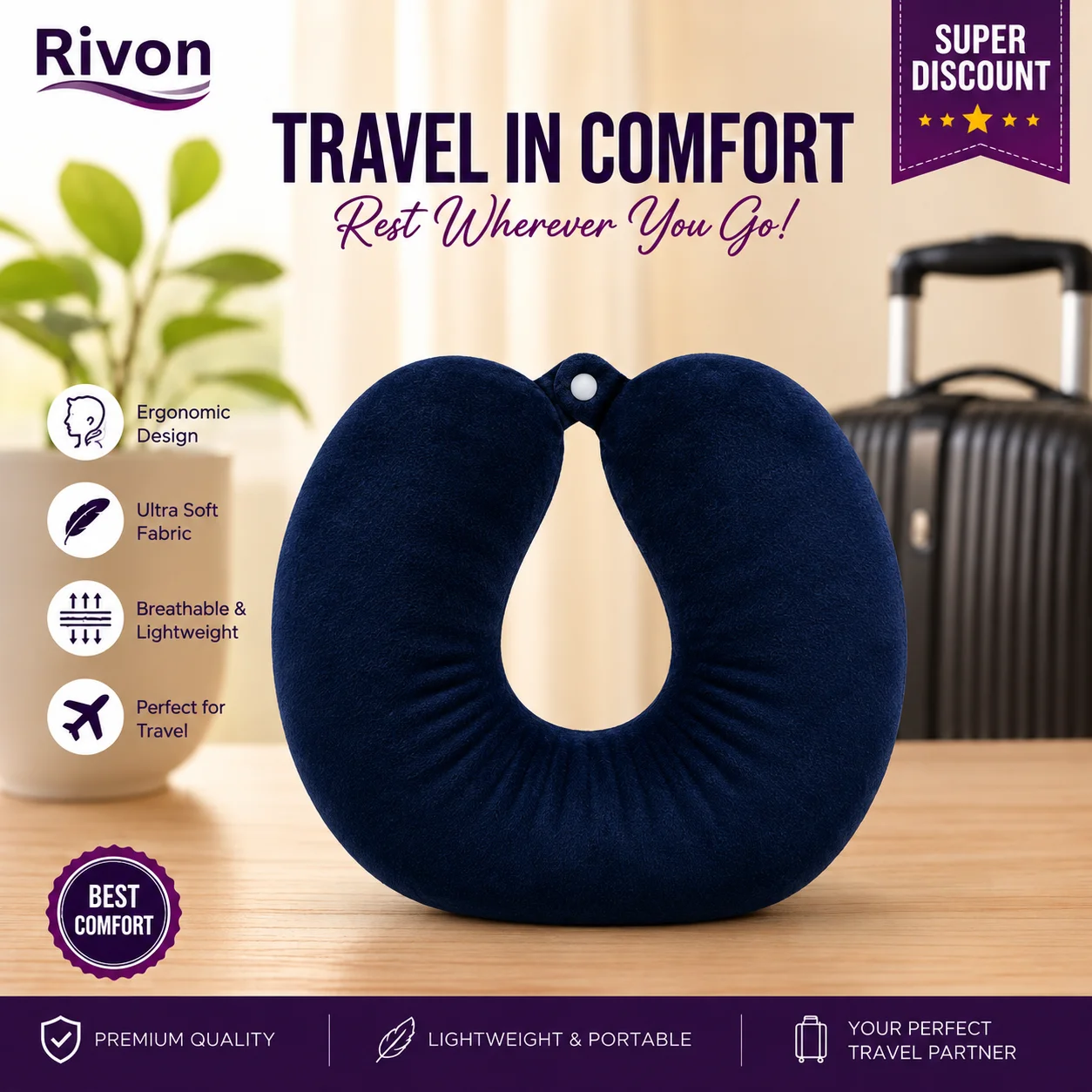 Rivon Premium U-Shaped Traveling Neck Pillow - Navy Blue