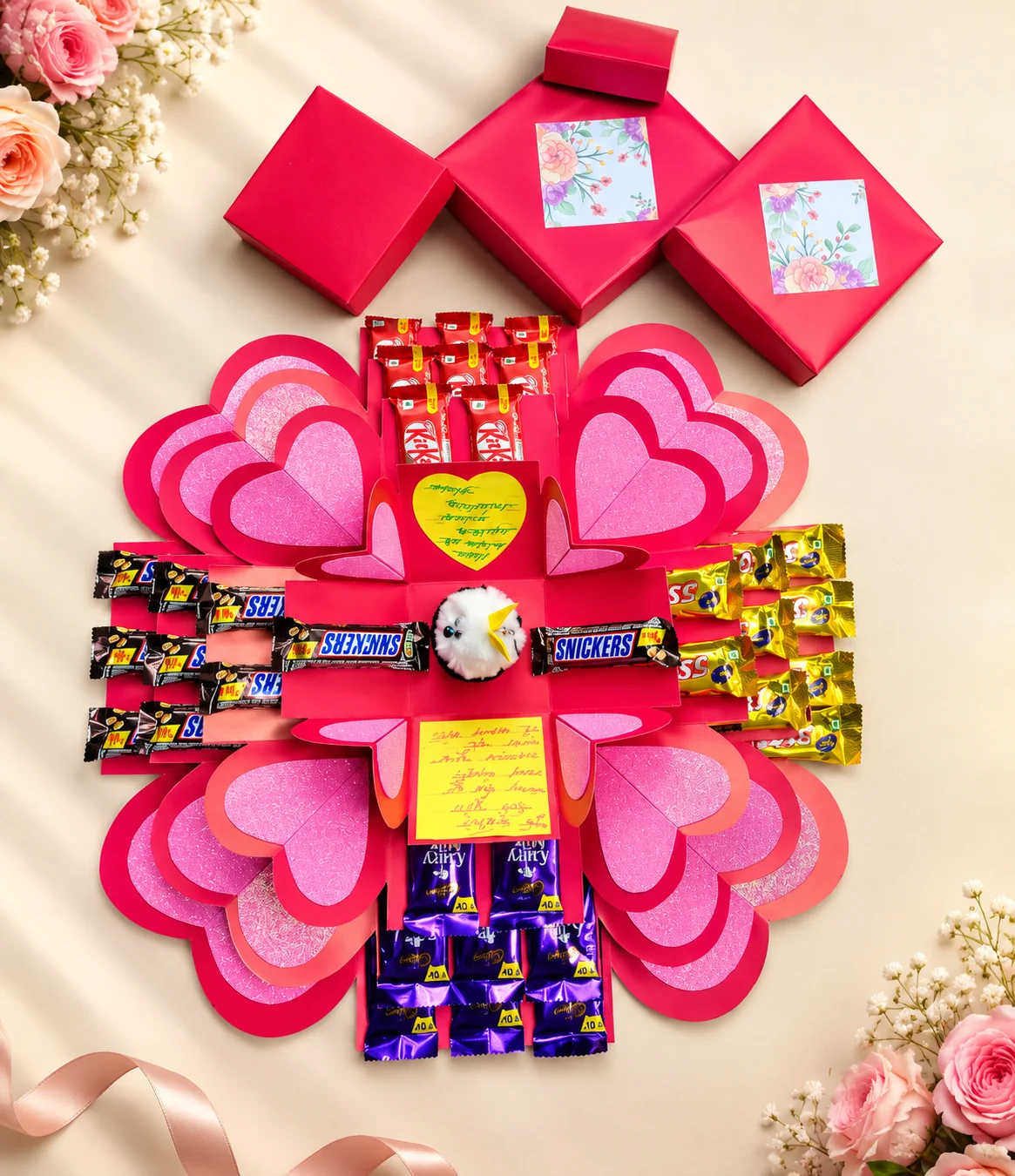 4-Layer Handmade Love Pink Box with Teddy
