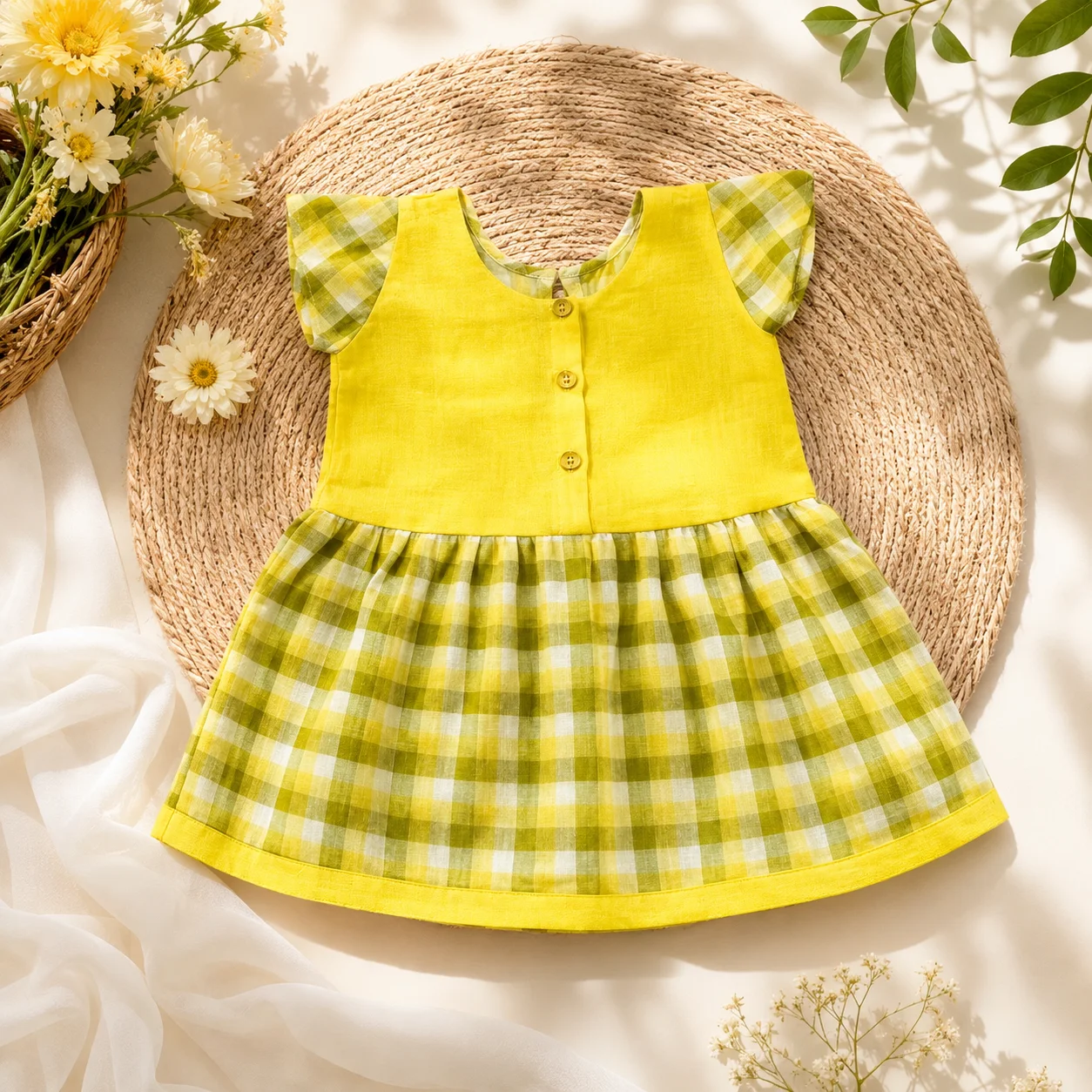 বেবি গার্ল ইয়েলো চেকার্ড ফ্রক-Baby Girl Yellow Checkered Frock