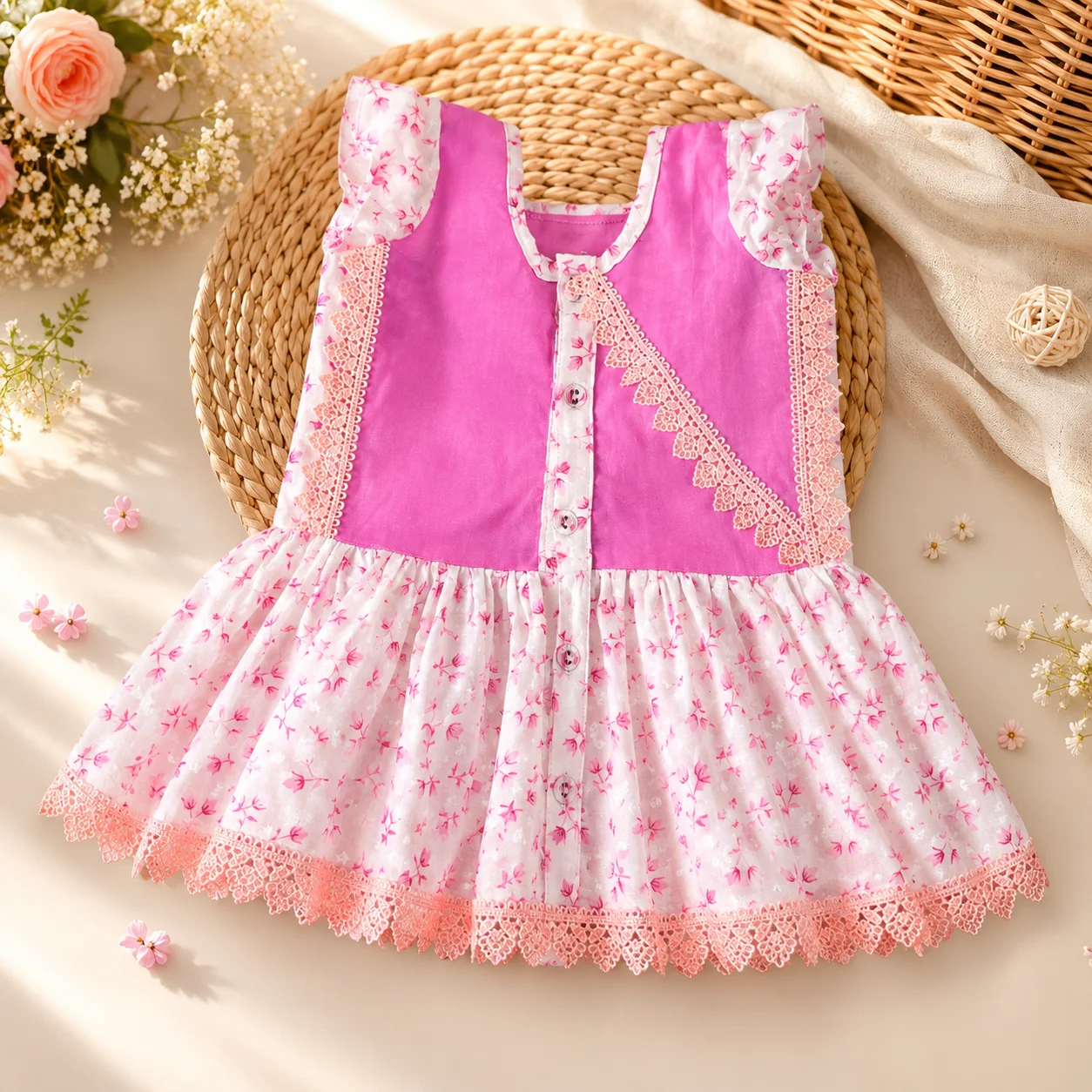 বেবি গার্ল পিংক ফ্লোরাল লেস ফ্রক-Baby Girl Pink Floral Lace Frock