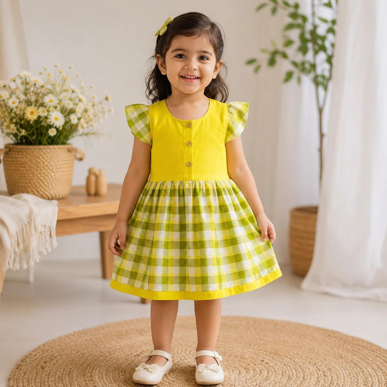 বেবি গার্ল ইয়েলো চেকার্ড ফ্রক-Baby Girl Yellow Checkered Frock