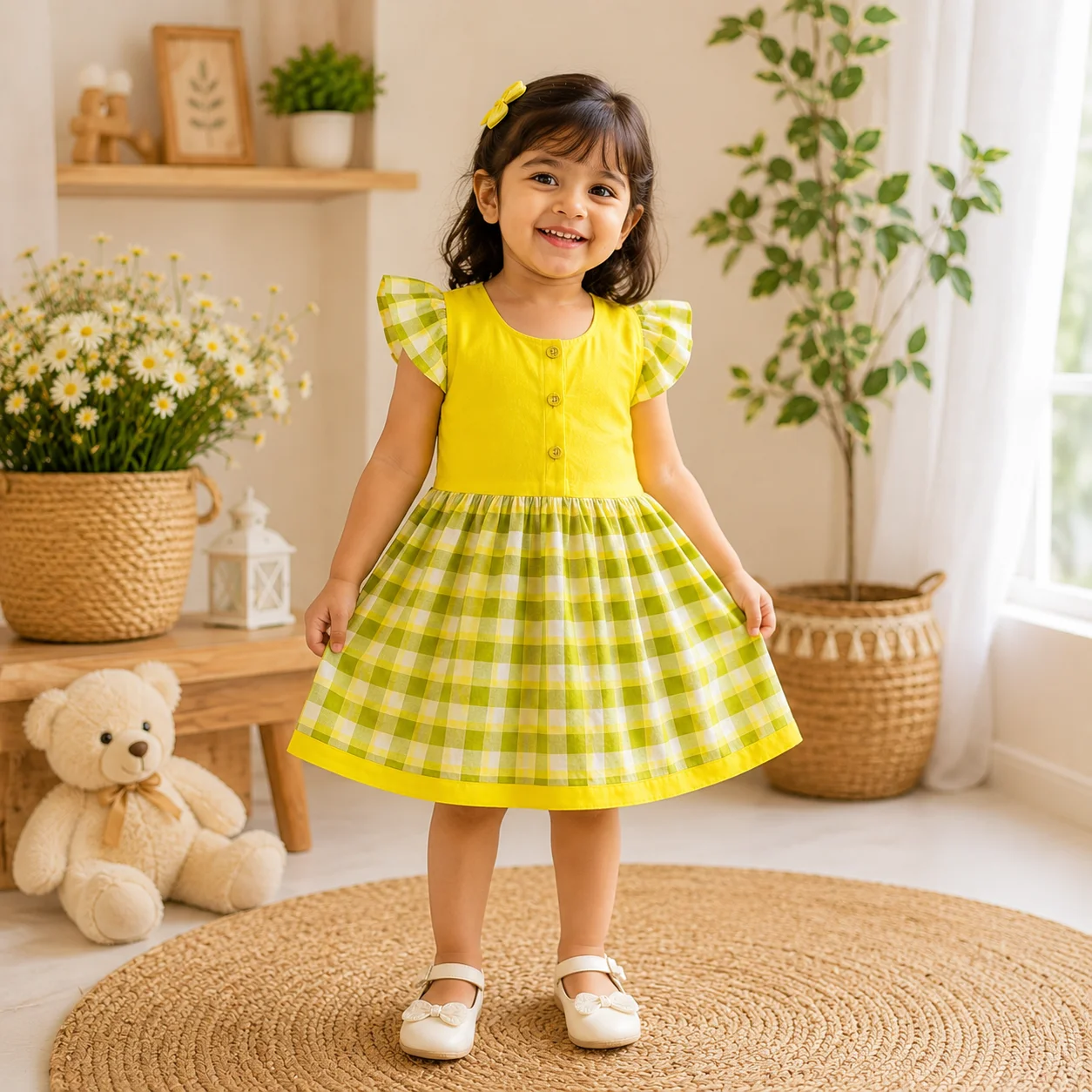 বেবি গার্ল ইয়েলো চেকার্ড ফ্রক-Baby Girl Yellow Checkered Frock