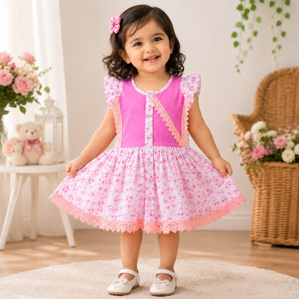 বেবি গার্ল পিংক ফ্লোরাল লেস ফ্রক-Baby Girl Pink Floral Lace Frock