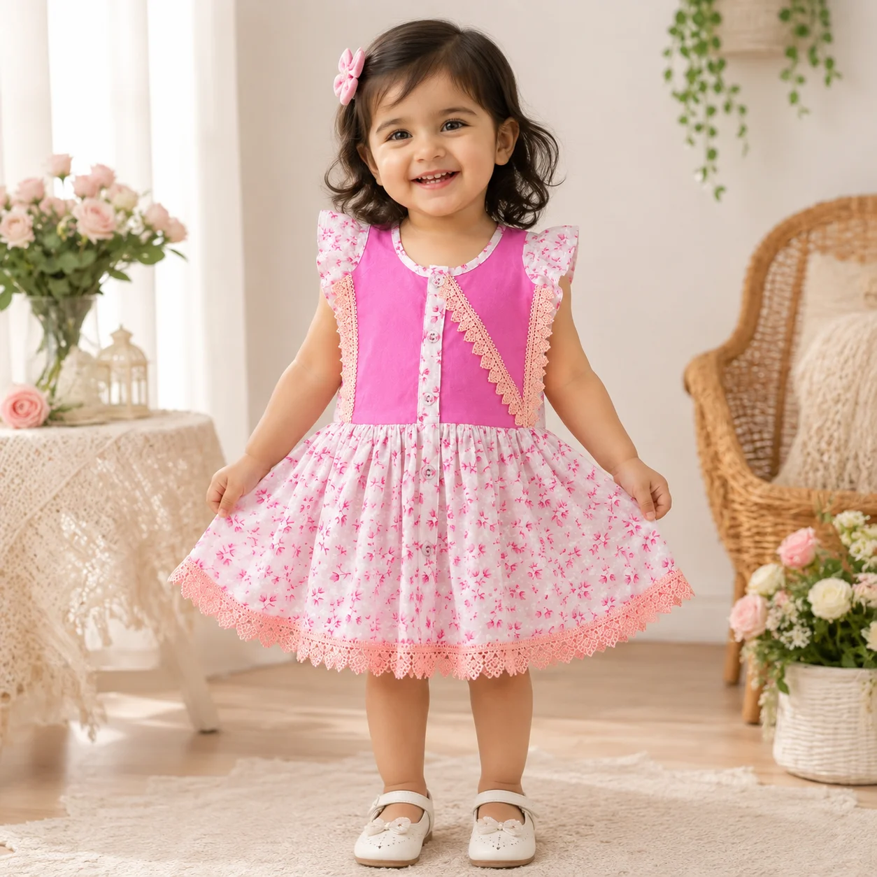 বেবি গার্ল পিংক ফ্লোরাল লেস ফ্রক-Baby Girl Pink Floral Lace Frock