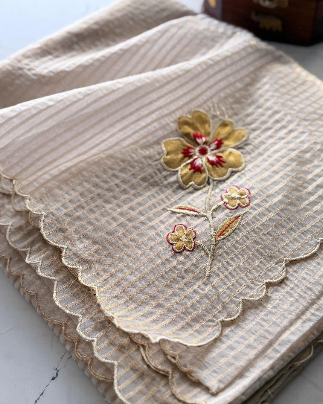 Primium Pure Viscouse Tissue Orgenza With Zari Tripe All over And Appliqué Work Scalp Border Blouse Pure Jequoard With AppliquéWork for Sleeves (Unstiched )