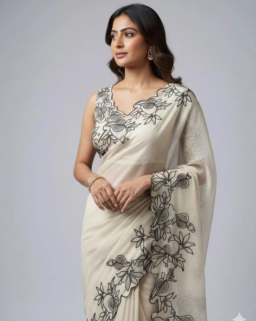 Primium Chanderi Cotton Saree with Black Thread Work and Scalp Border Blouse Running Chanderi Cotton With Thread Work for sleeves (UNSTICHED)