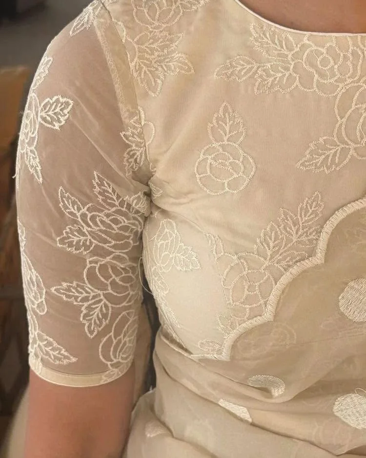 Primium Tebby Orgenza With Polka Dot Thread Work And Scalp Border