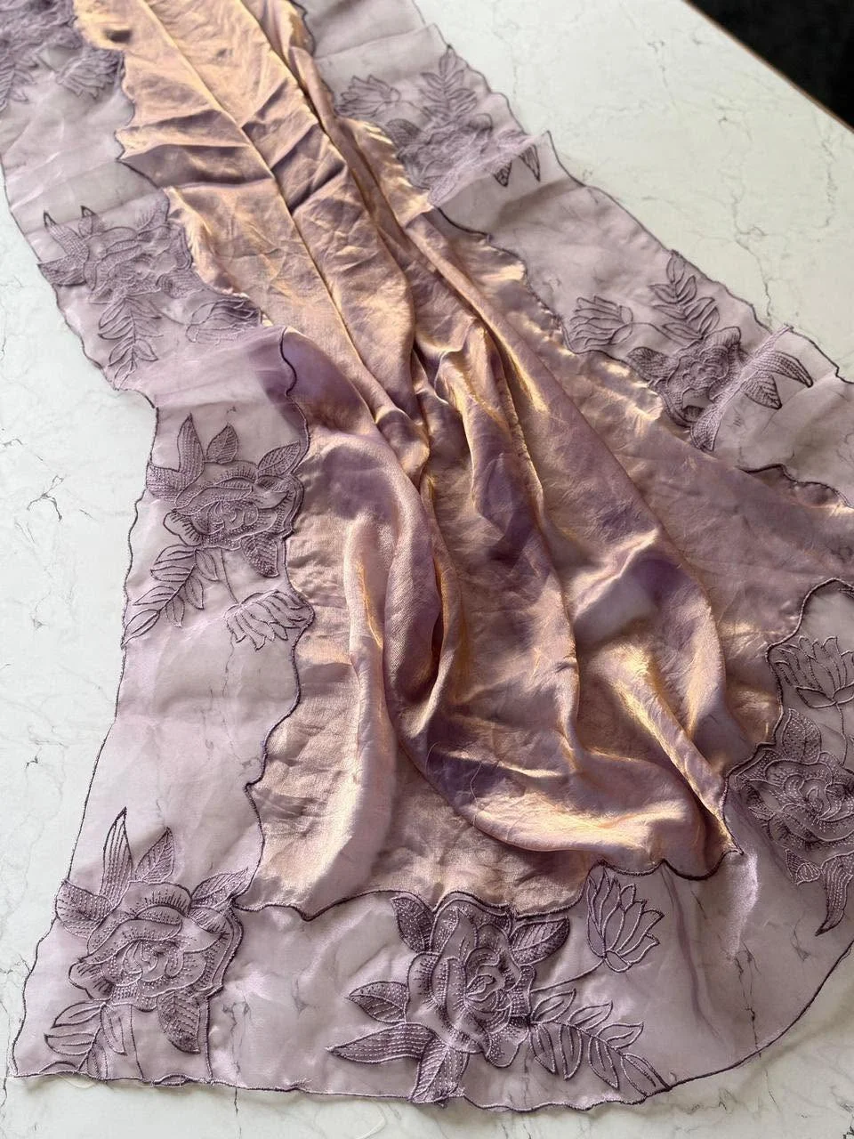 Primium Pure Space Silk Saree (Fendi) With Applique Thread Work Lace Border scalp In All over Saree
