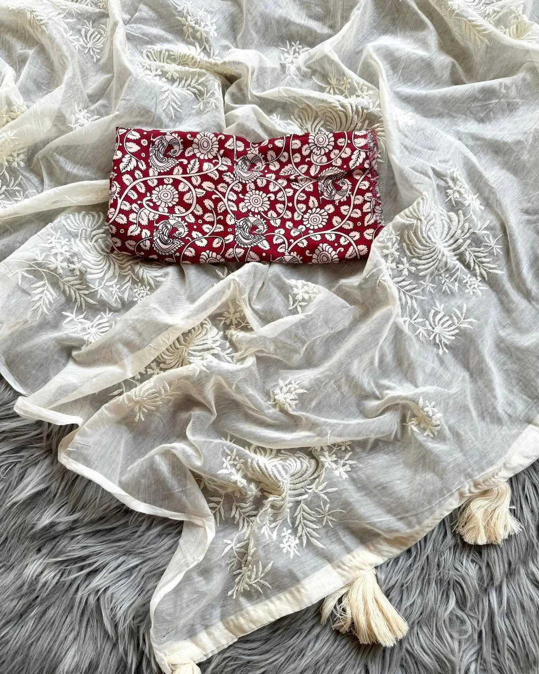 Primium Chanderi cotton With Exclusive Flower Work And Heavy Cotton Tussels Blouse Pure Cotton Kalamkari Print (Unstiched)