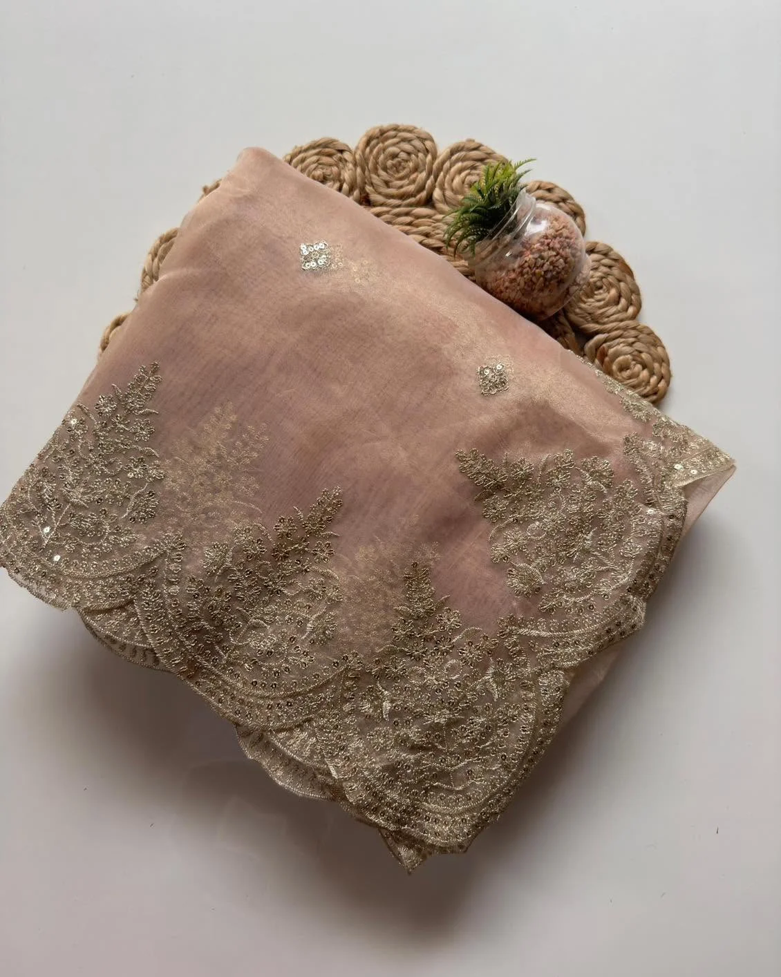 Pure Soft Orgenza Tissue With Zari Sequnce Thread Work And Scalp Border