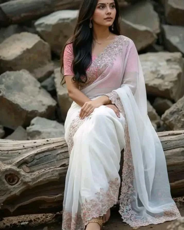Pure Tabi Silk saree with elegant multi coloured embroidary work on all over the saree Very light weight saree Teamed with designer embroidary work blouse as shown