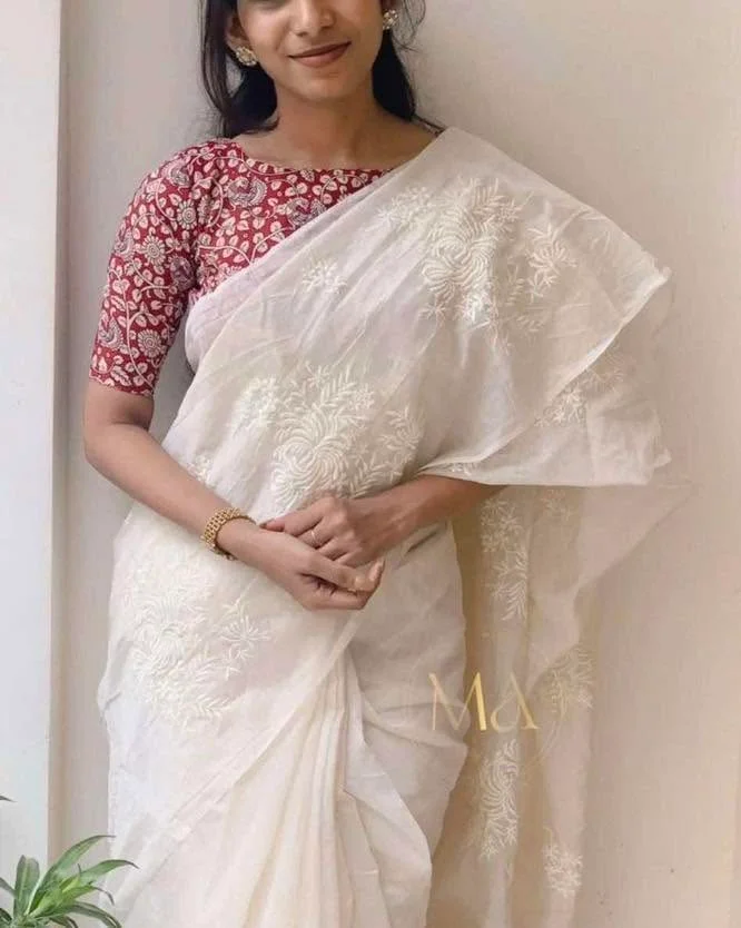 Primium Chanderi cotton With Exclusive Flower Work And Heavy Cotton Tussels Blouse Pure Cotton Kalamkari Print (Unstiched)