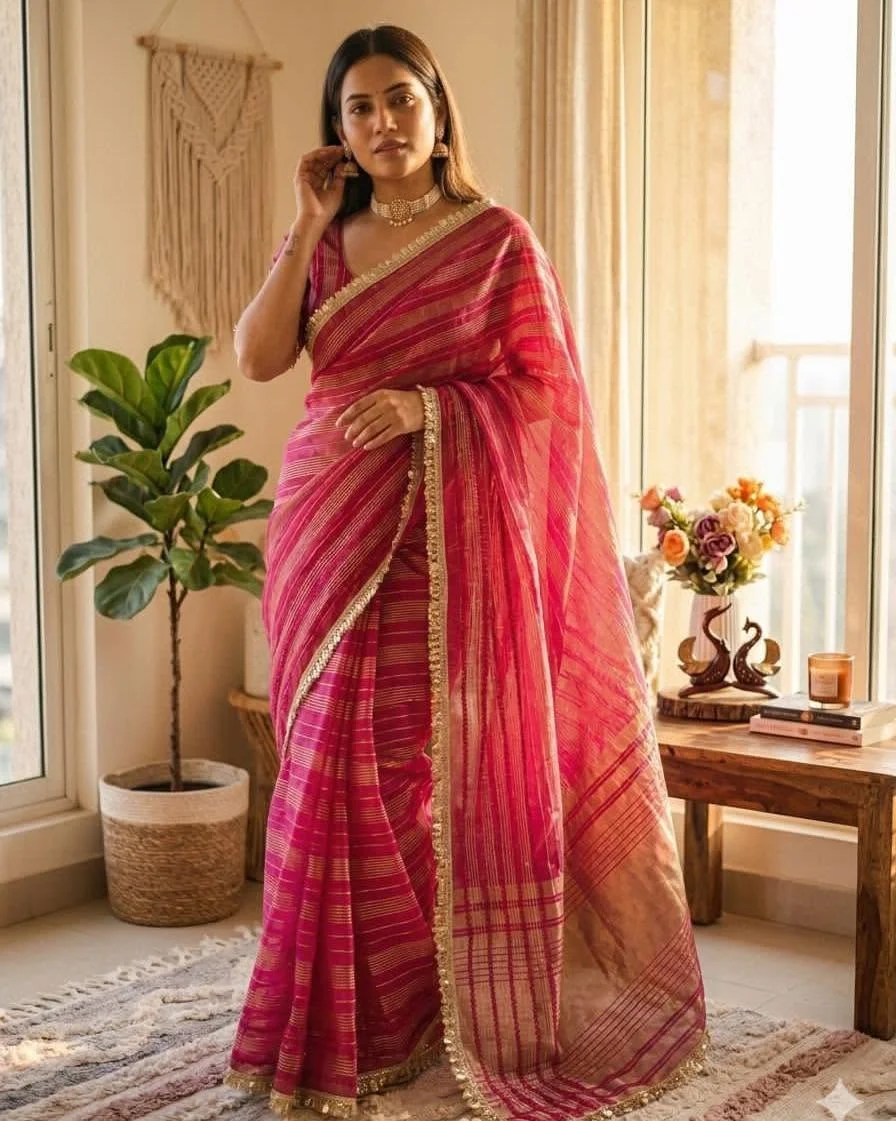Soft tissue silk || Weaving sequins and ribbon with fancy lace border || BLOUSE* Running Tissue silk