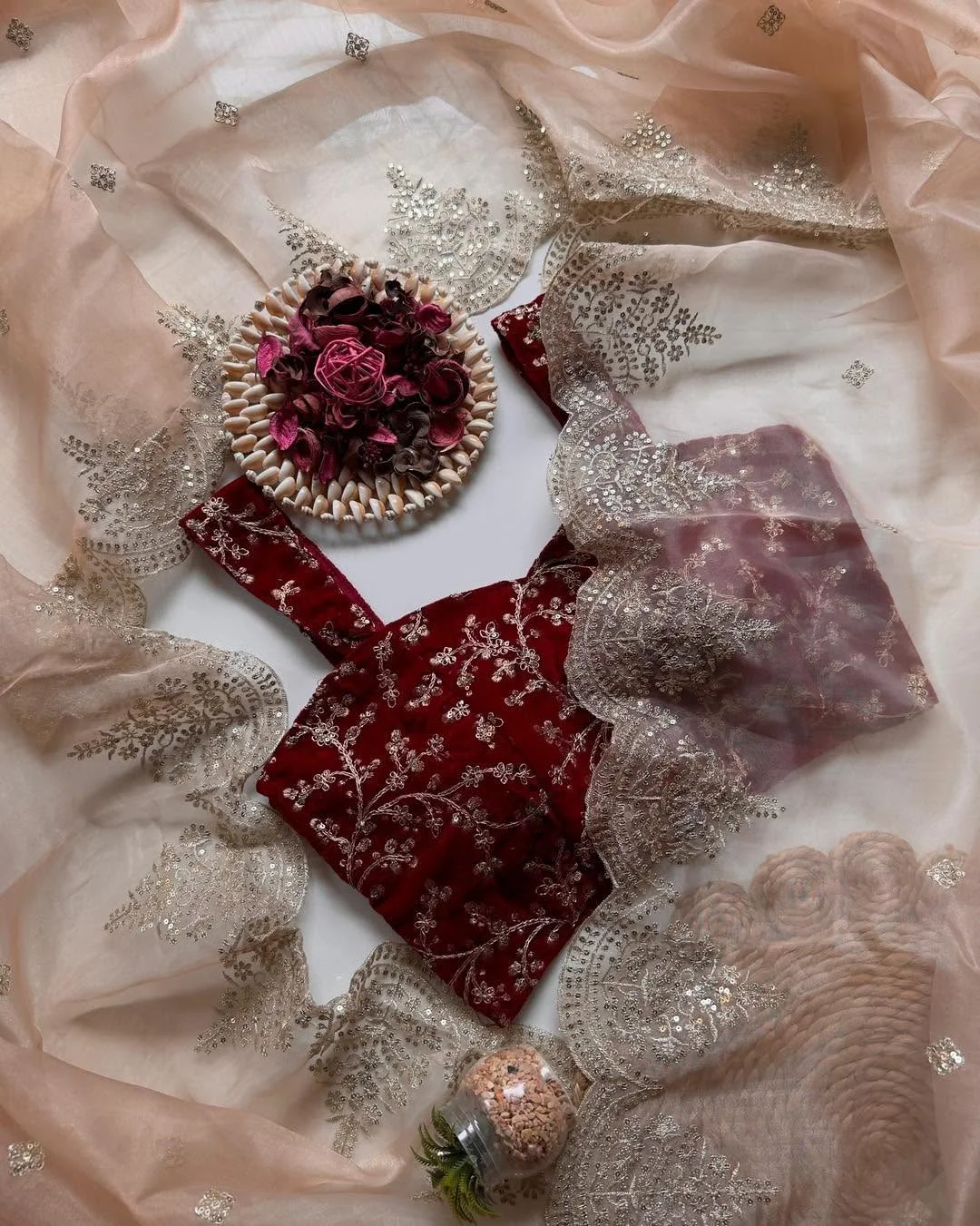 Pure Soft Orgenza Tissue With Zari Sequnce Thread Work And Scalp Border