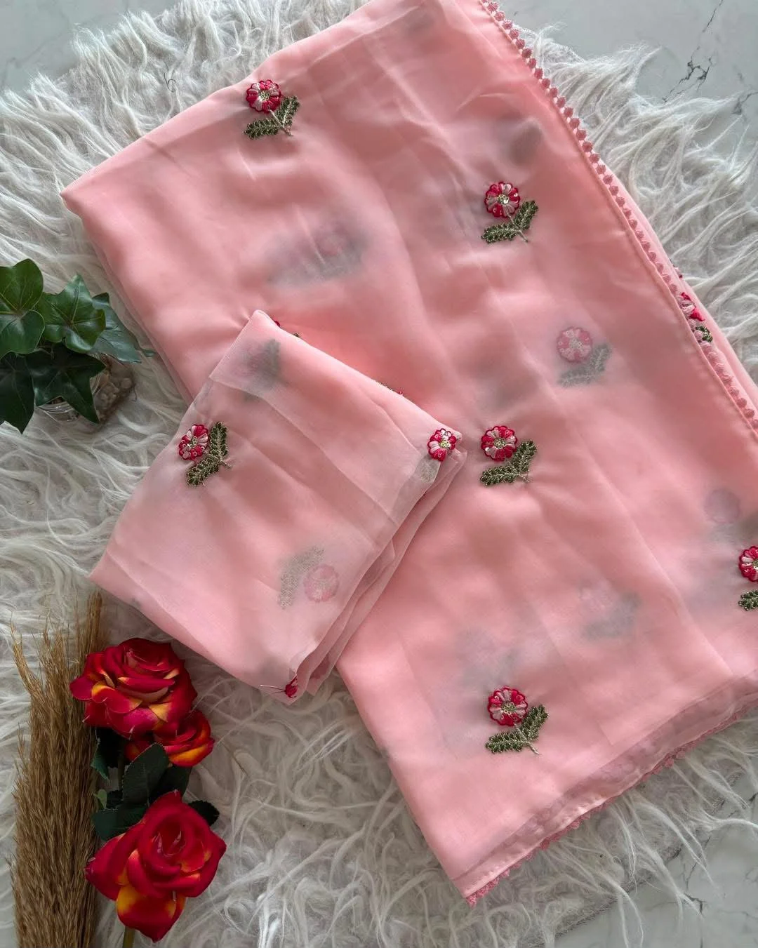 Primium Soft Georrget Blooming With Multy Thread Work Butti And Gpo Lace Border four side