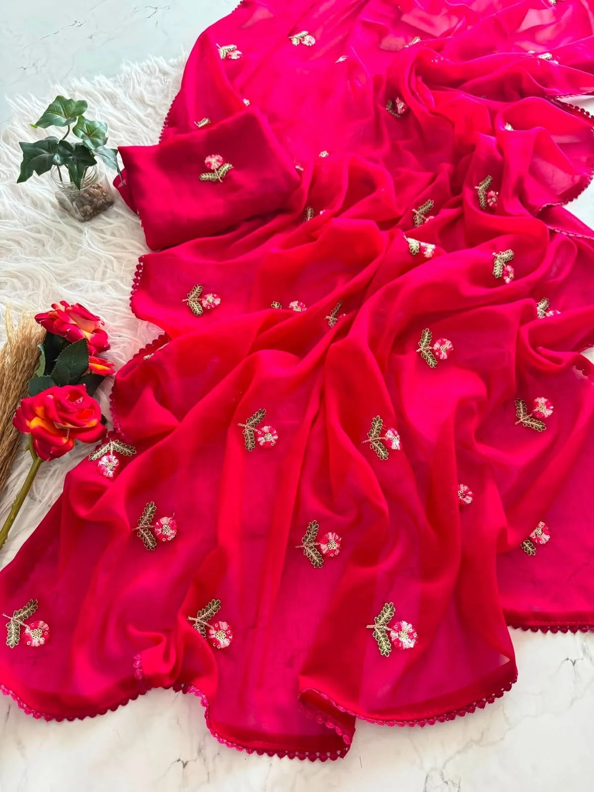 Primium Soft Georrget Blooming With Multy Thread Work Butti And Gpo Lace Border four side