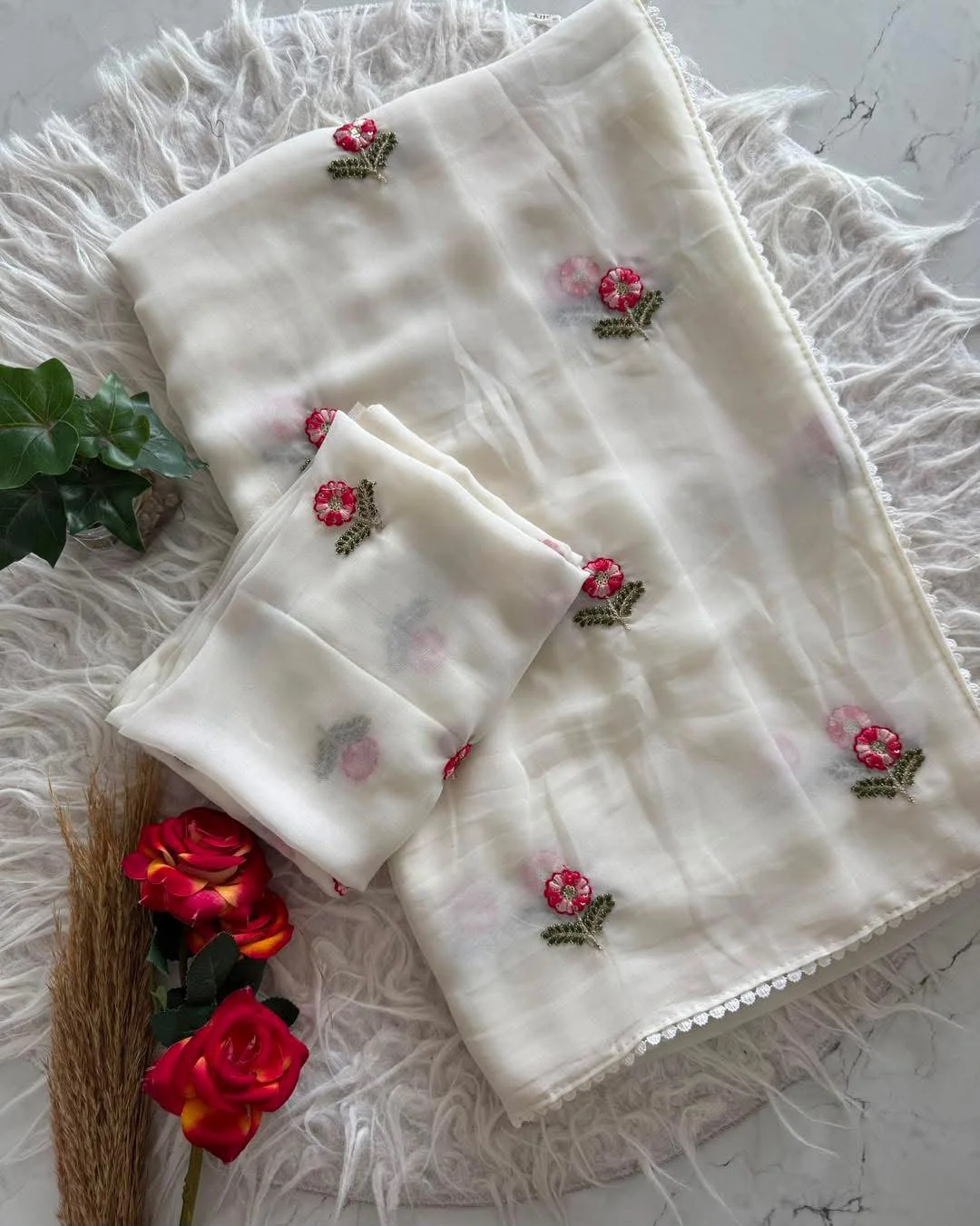 Primium Soft Georrget Blooming With Multy Thread Work Butti And Gpo Lace Border four side