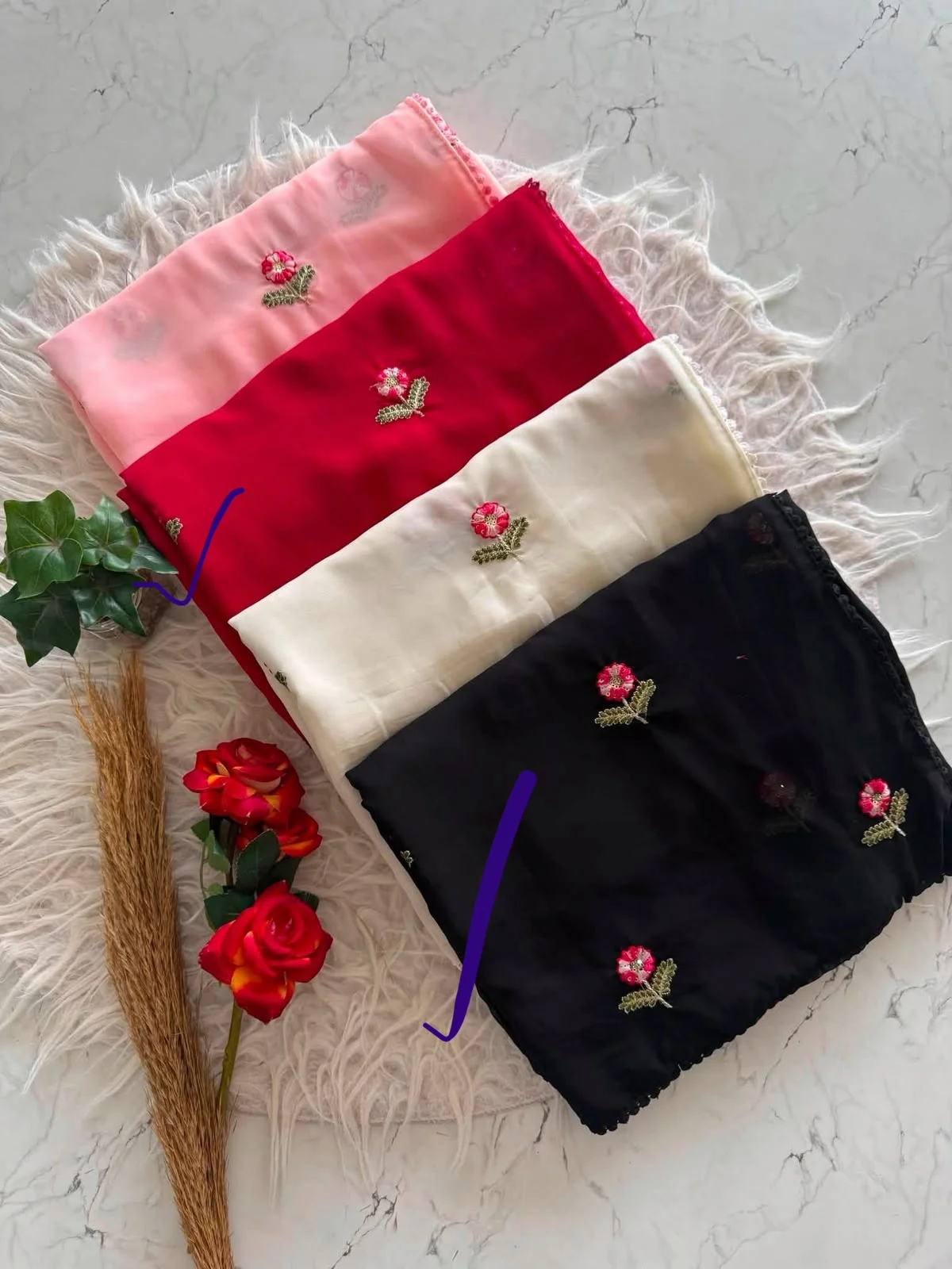 Primium Soft Georrget Blooming With Multy Thread Work Butti And Gpo Lace Border four side