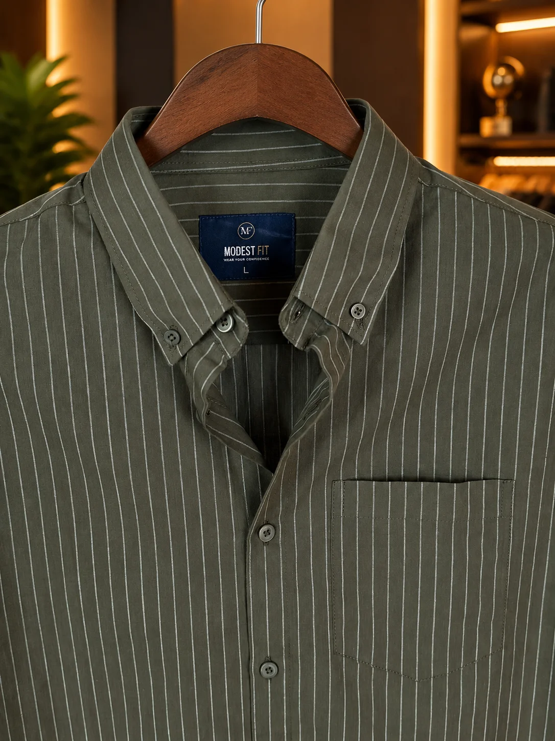 Olive Green Grey Stripe Shirt | MF-0018