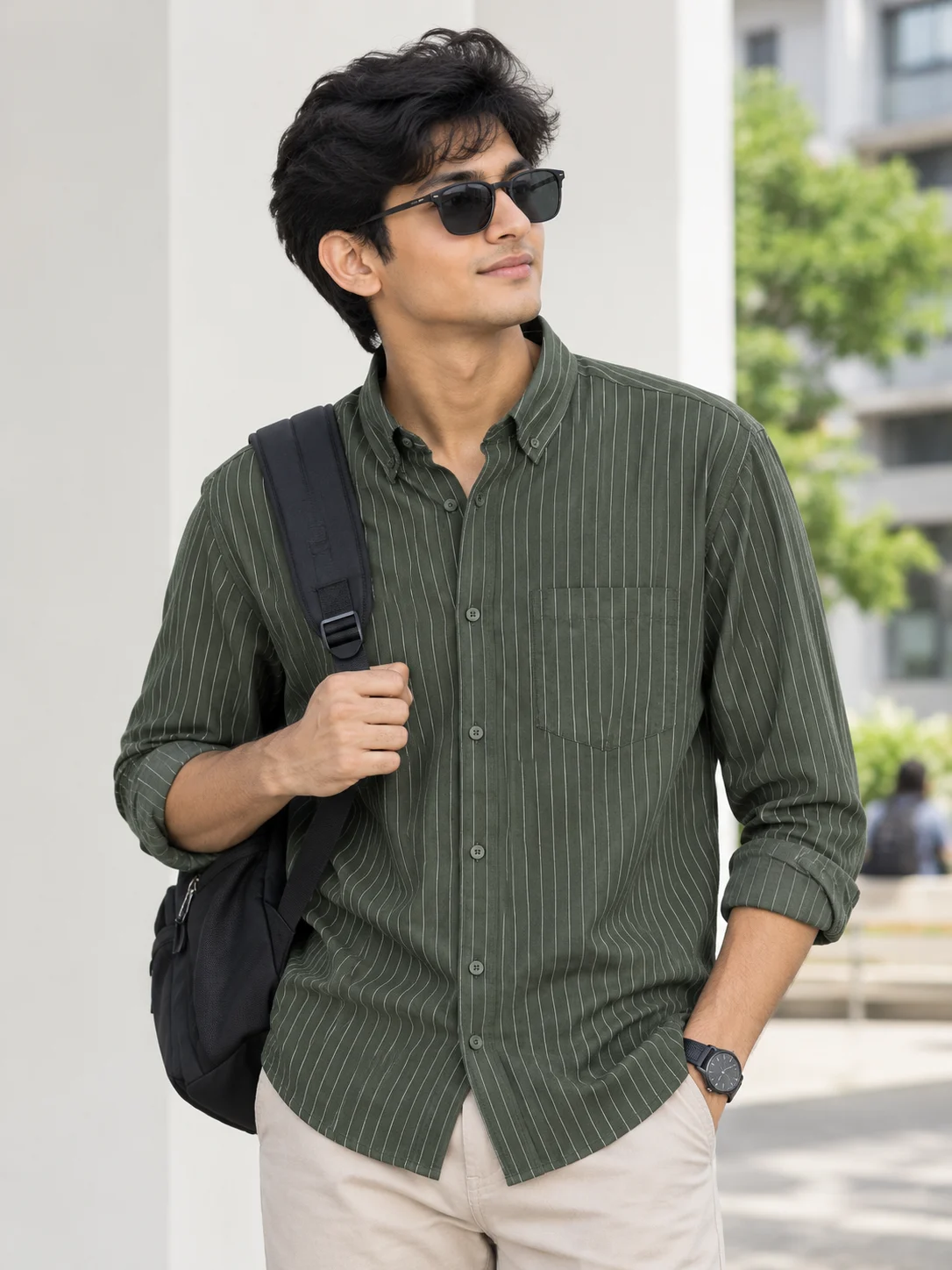Olive Green Grey Stripe Shirt | MF-0018 thumb 4